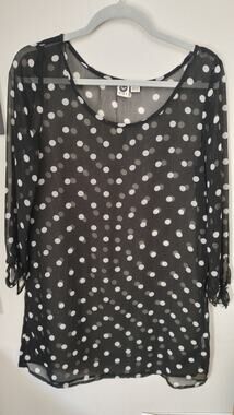ROXY Blouse Top Semi Sheer Polka Dot Black White Medium